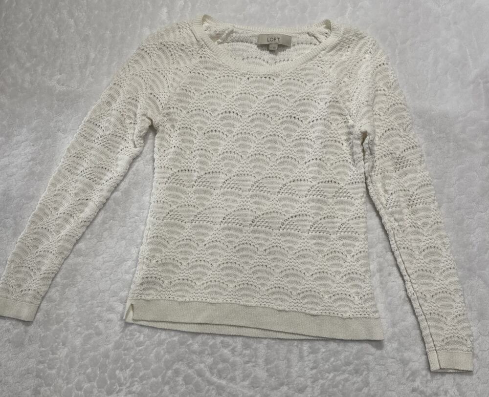 Ann Taylor LOFT Crochet Open Knit Top Sweater Women S White Long Sleeves Beach